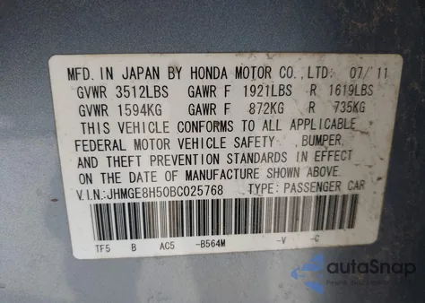 2011 Honda Fit Sport из США, поврежденный, VIN JHMGE8H50BC025768